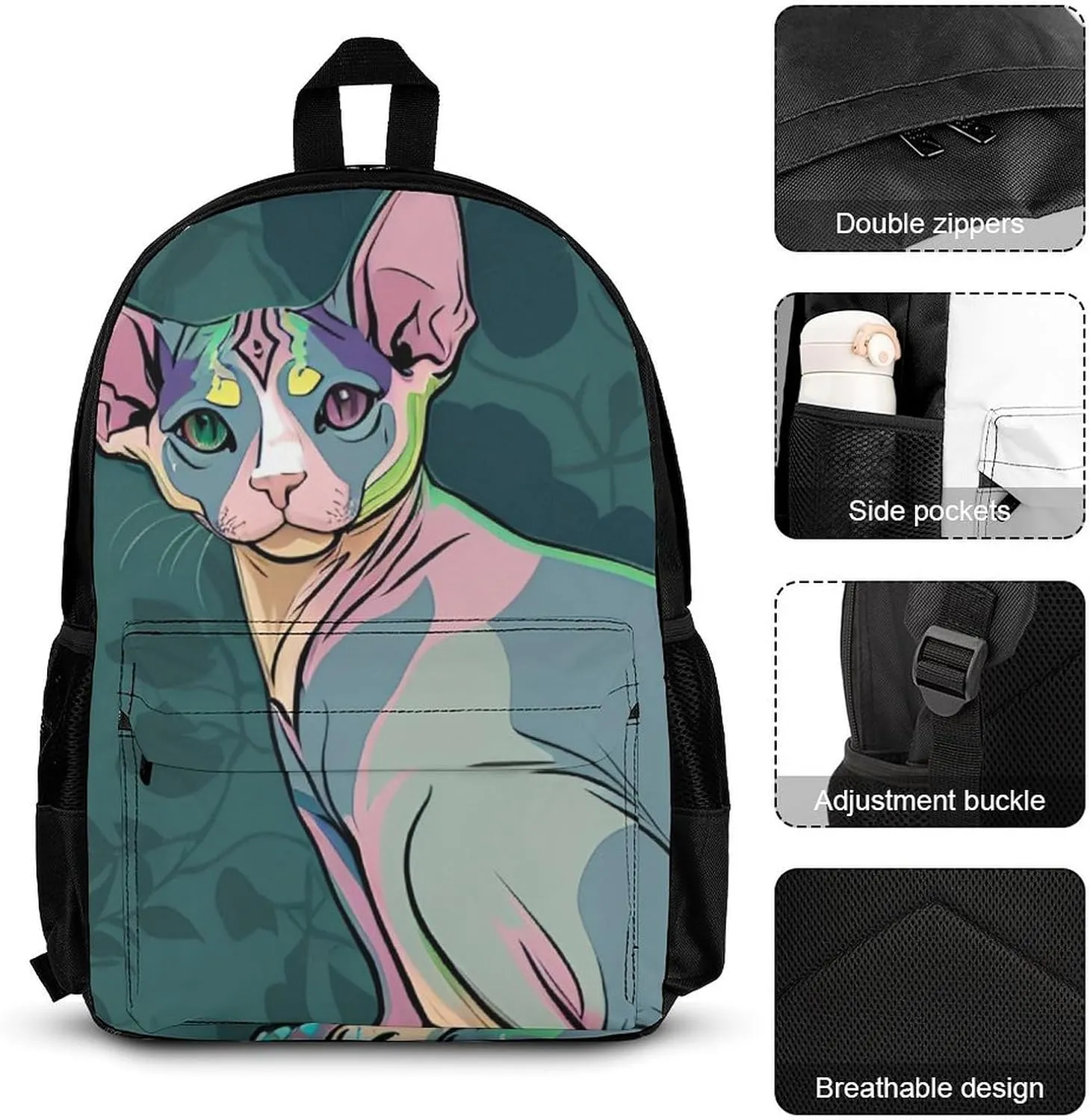 Supdreamc Travel Hiking Bag & Day Pack 3 Piece Daypack Climbing Shoulder Bag Large Capacity Backpack Hairless Sphynx Cats Teal Green Art College Bookbag for Adults