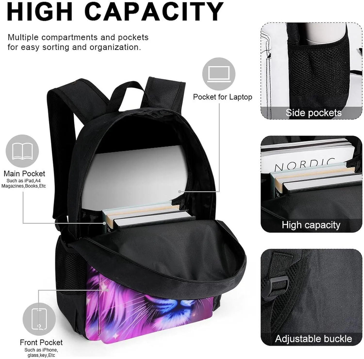 Supdreamc Travel Hiking Bag & Day Pack 3 Piece Daypack Climbing Shoulder Bag Large Capacity Backpack Mystic Fantasy Galaxy Sky Fantasy Tiger Wild Animals Boho Style College Bookbag for Adults