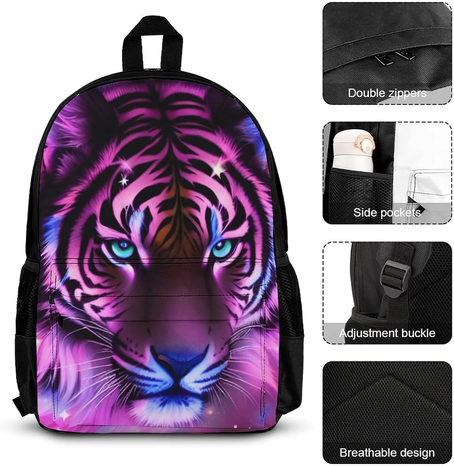 Supdreamc Travel Hiking Bag & Day Pack 3 Piece Daypack Climbing Shoulder Bag Large Capacity Backpack Mystic Fantasy Galaxy Sky Fantasy Tiger Wild Animals Boho Style College Bookbag for Adults