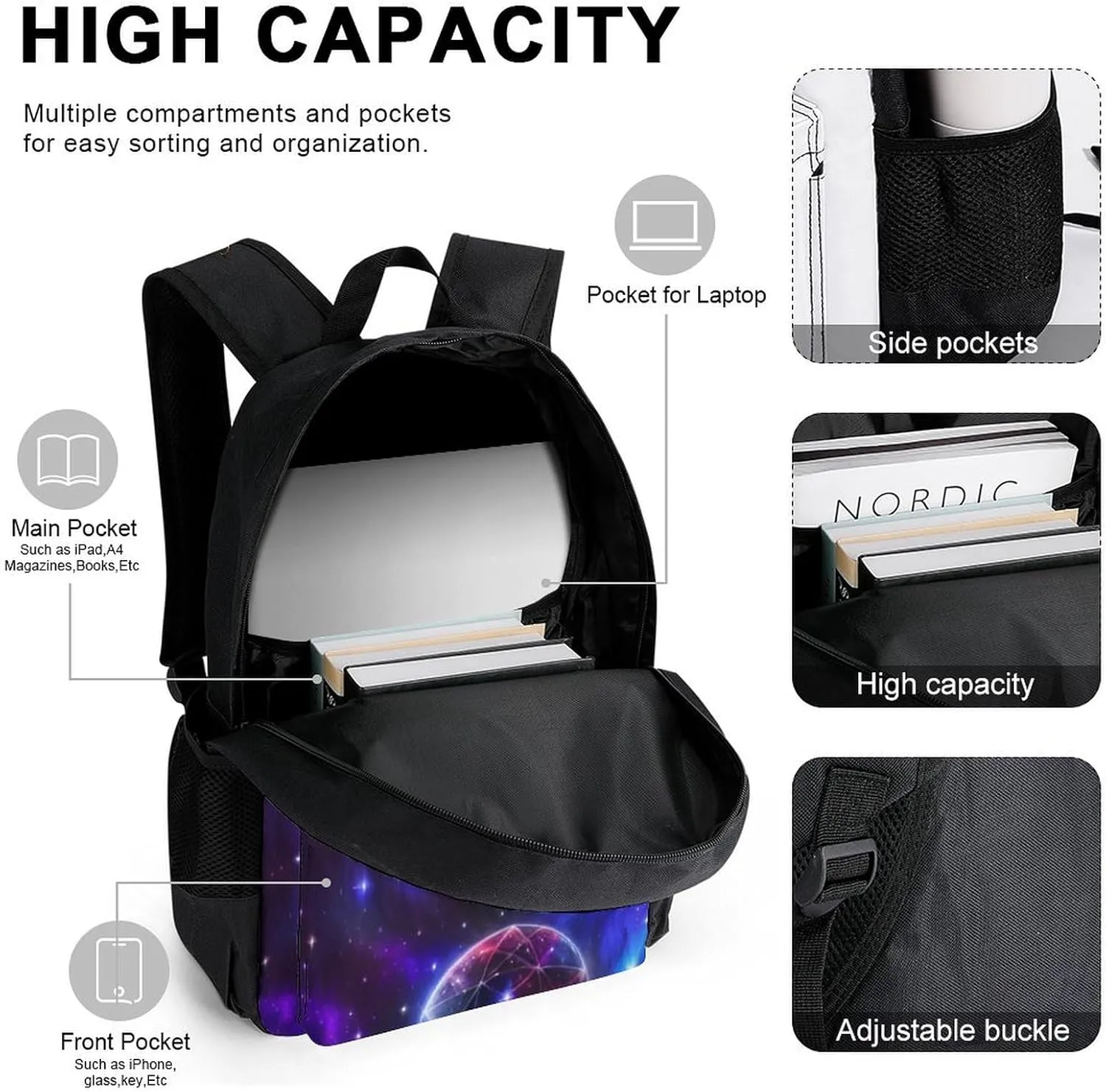Supdreamc Travel Hiking Bag & Day Pack 3 Piece Daypack Sets Shoulder Bag Large Capacity Backpack Galaxy Wolf Magical Space Art College Bookbag for Adults