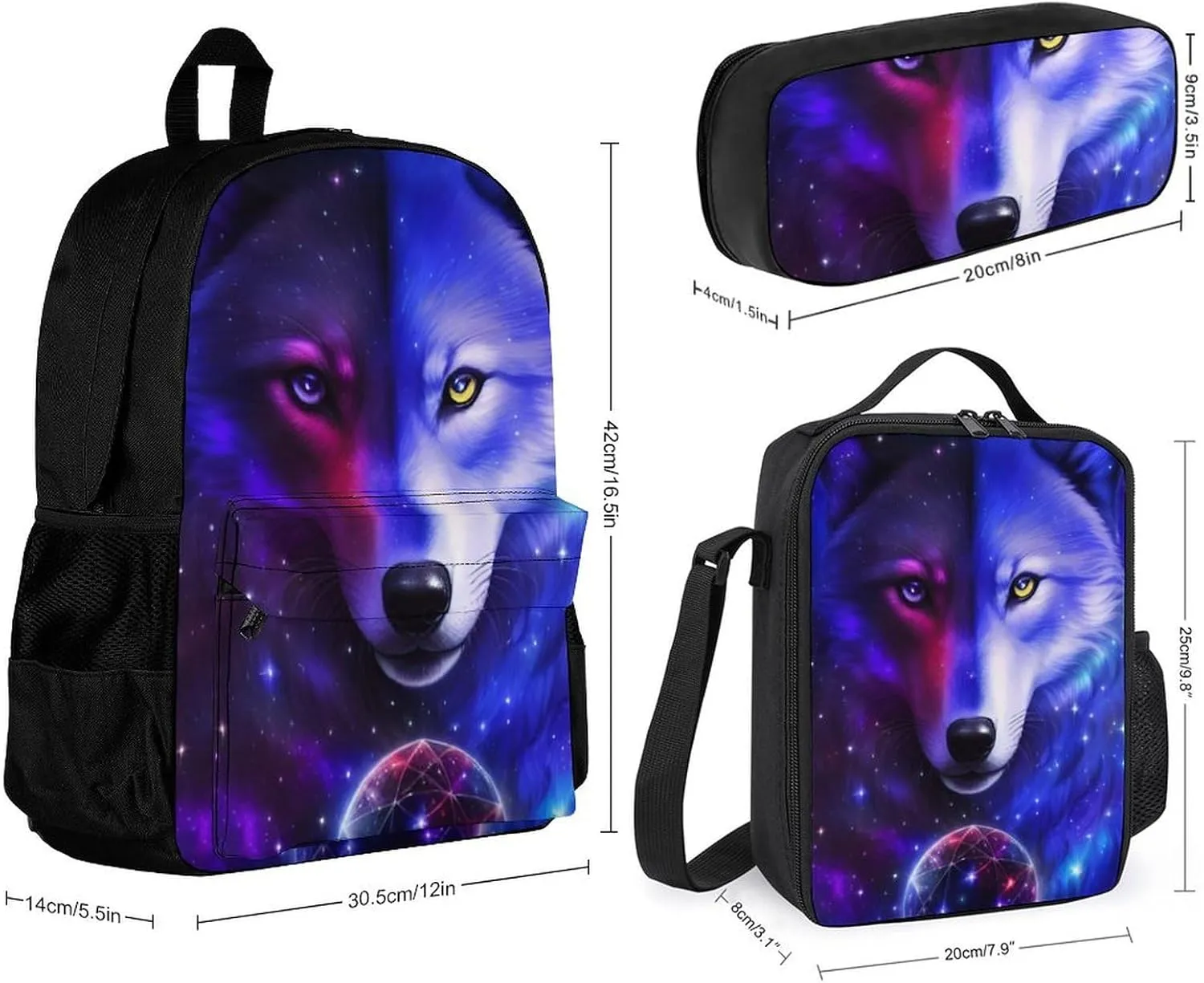 Supdreamc Travel Hiking Bag & Day Pack 3 Piece Daypack Sets Shoulder Bag Large Capacity Backpack Galaxy Wolf Magical Space Art College Bookbag for Adults