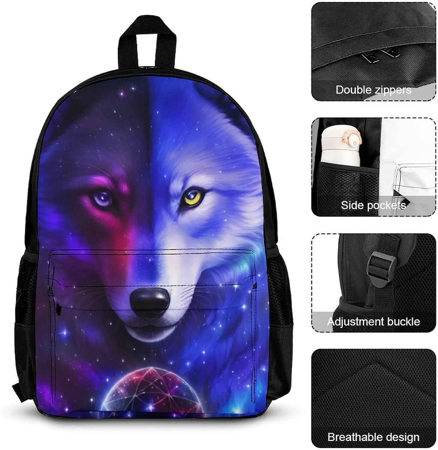 Supdreamc Travel Hiking Bag & Day Pack 3 Piece Daypack Sets Shoulder Bag Large Capacity Backpack Galaxy Wolf Magical Space Art College Bookbag for Adults