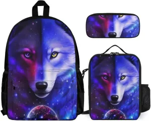 Supdreamc Travel Hiking Bag & Day Pack 3 Piece Daypack Sets Shoulder Bag Large Capacity Backpack Galaxy Wolf Magical Space Art College Bookbag for Adults