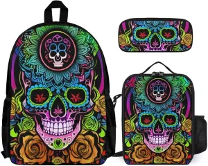 Supdreamc Travel Hiking Bag & Day Pack 3 Piece Daypack Sets Shoulder Bag Large Capacity Backpack Psychedelic Skull Art College Bookbag for Adults