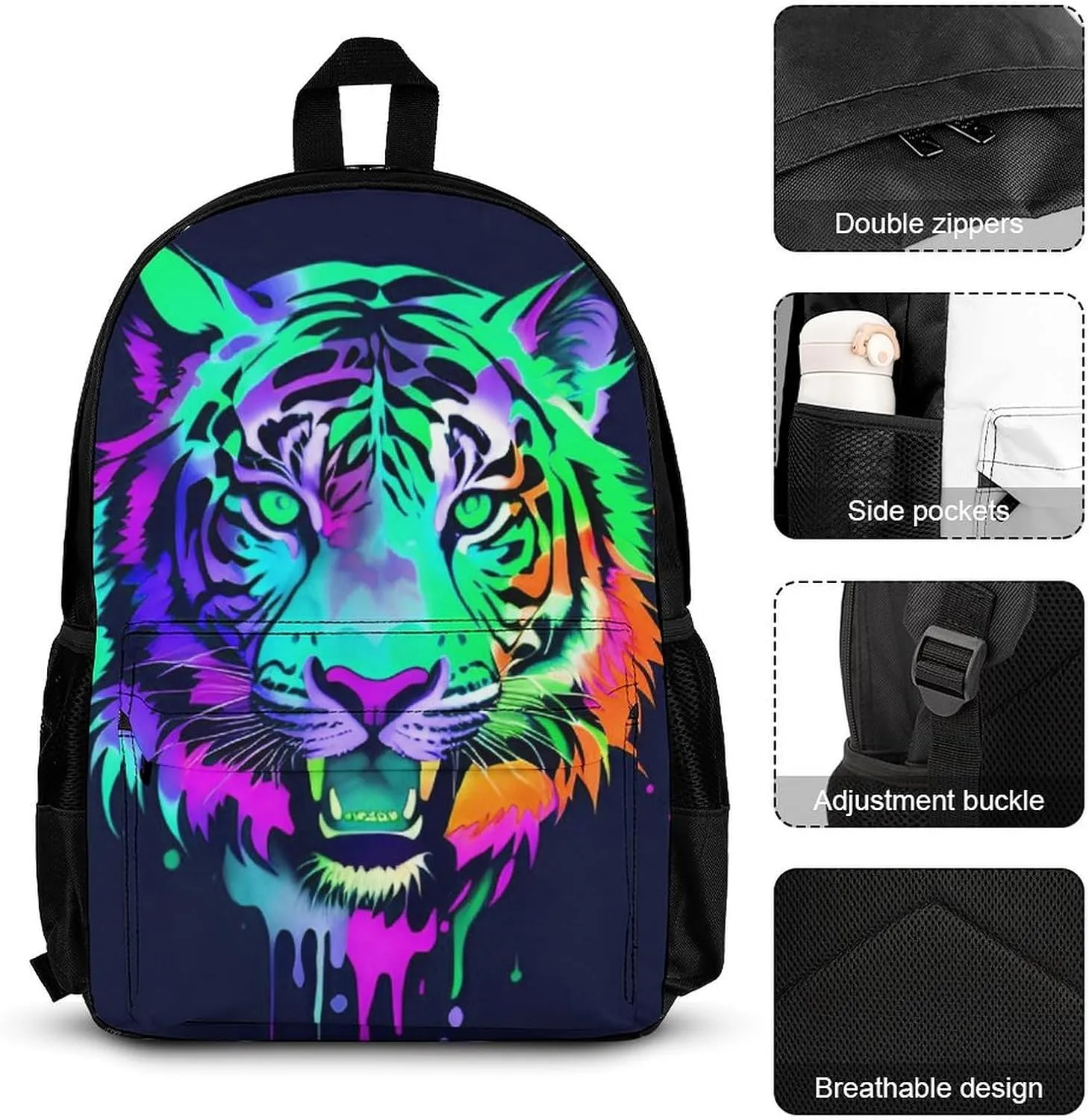 Supdreamc Travel Hiking Bag & Day Pack Gym Outdoor Hiking Bag Big Capacity Backpack Colorful Abstract King Of The Tiger Watercolor Art 3 Piece College Daypack for Adults