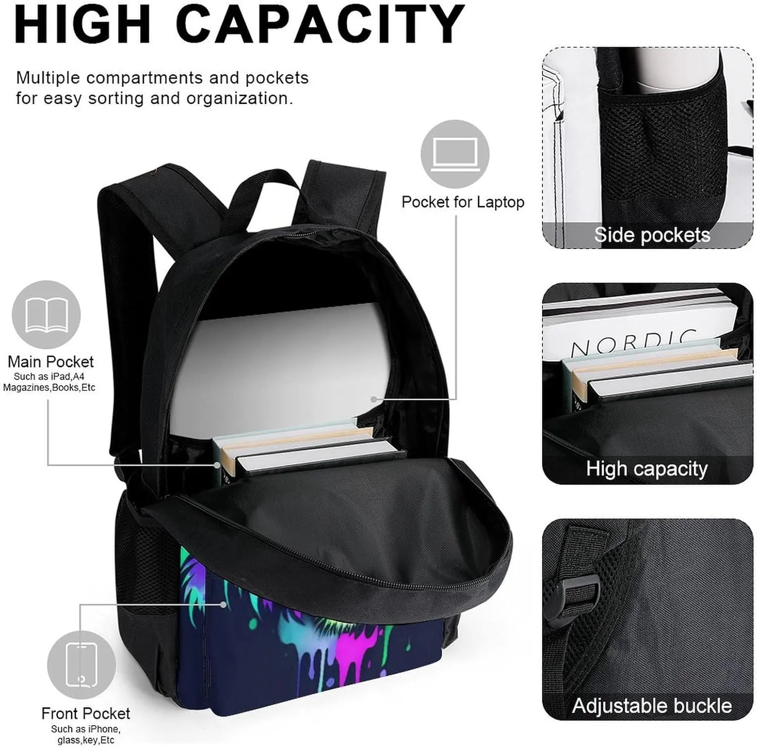 Supdreamc Travel Hiking Bag & Day Pack Gym Outdoor Hiking Bag Big Capacity Backpack Colorful Abstract King Of The Tiger Watercolor Art 3 Piece College Daypack for Adults