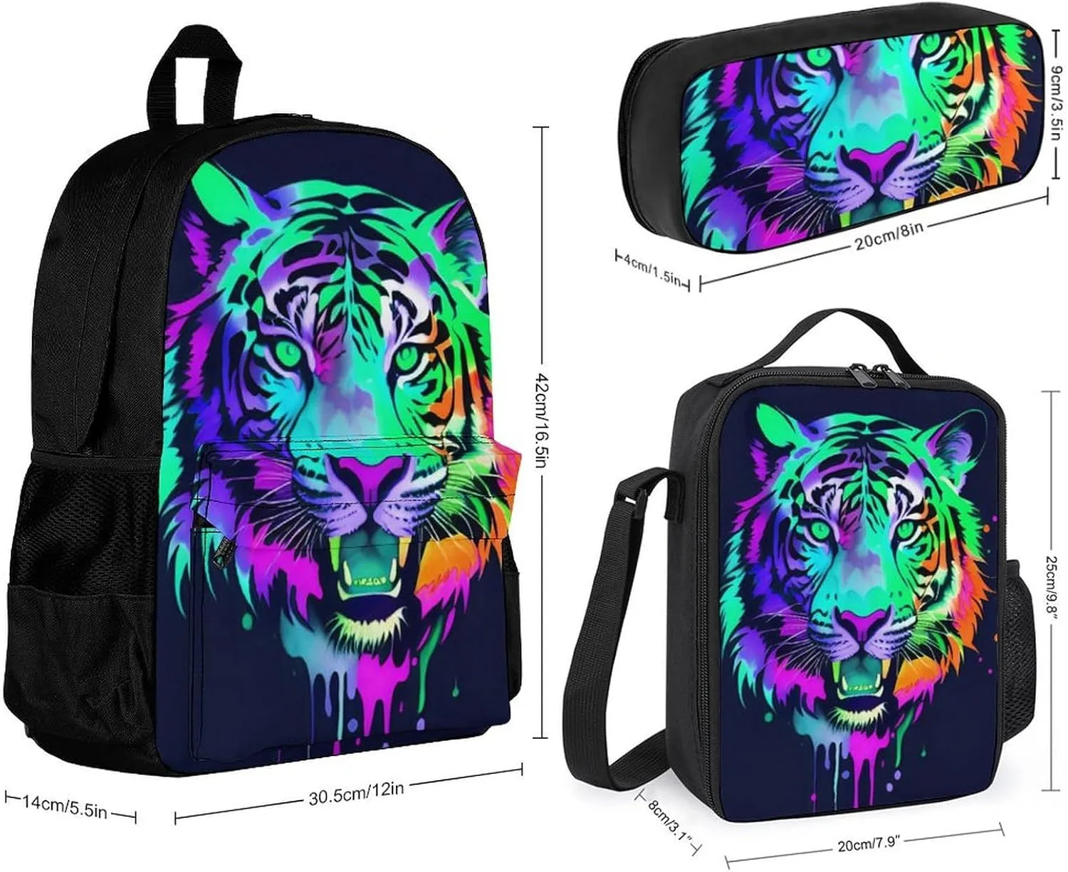 Supdreamc Travel Hiking Bag & Day Pack Gym Outdoor Hiking Bag Big Capacity Backpack Colorful Abstract King Of The Tiger Watercolor Art 3 Piece College Daypack for Adults