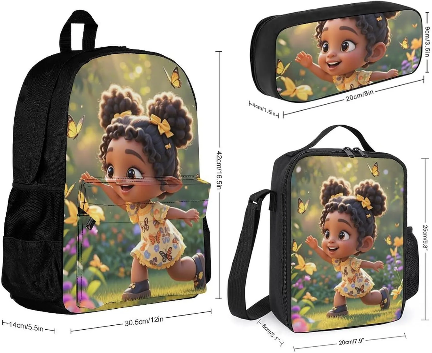 Supdreamc Travel Hiking Bag & Day Pack Gym Outdoor Hiking Bag Big Capacity Backpack Colorful Afro American Black Woman With Butterflies Art 3 Piece College Daypack for Adults