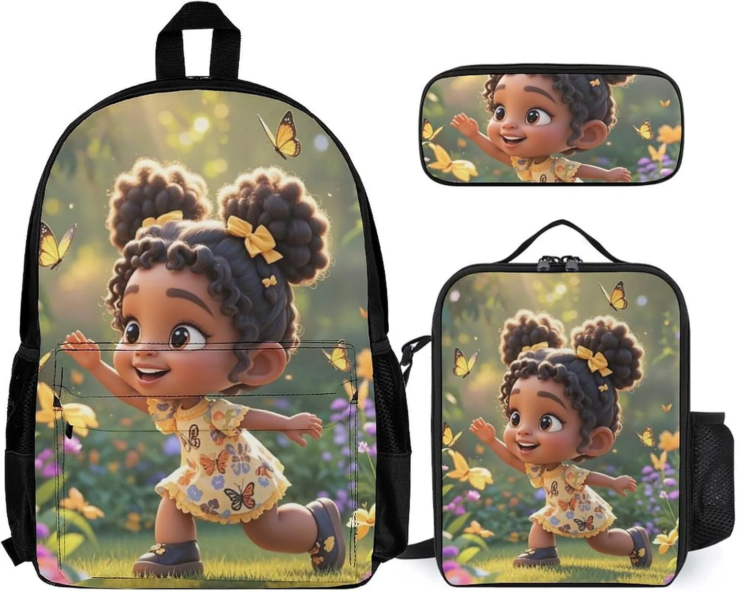 Supdreamc Travel Hiking Bag & Day Pack Gym Outdoor Hiking Bag Big Capacity Backpack Colorful Afro American Black Woman With Butterflies Art 3 Piece College Daypack for Adults