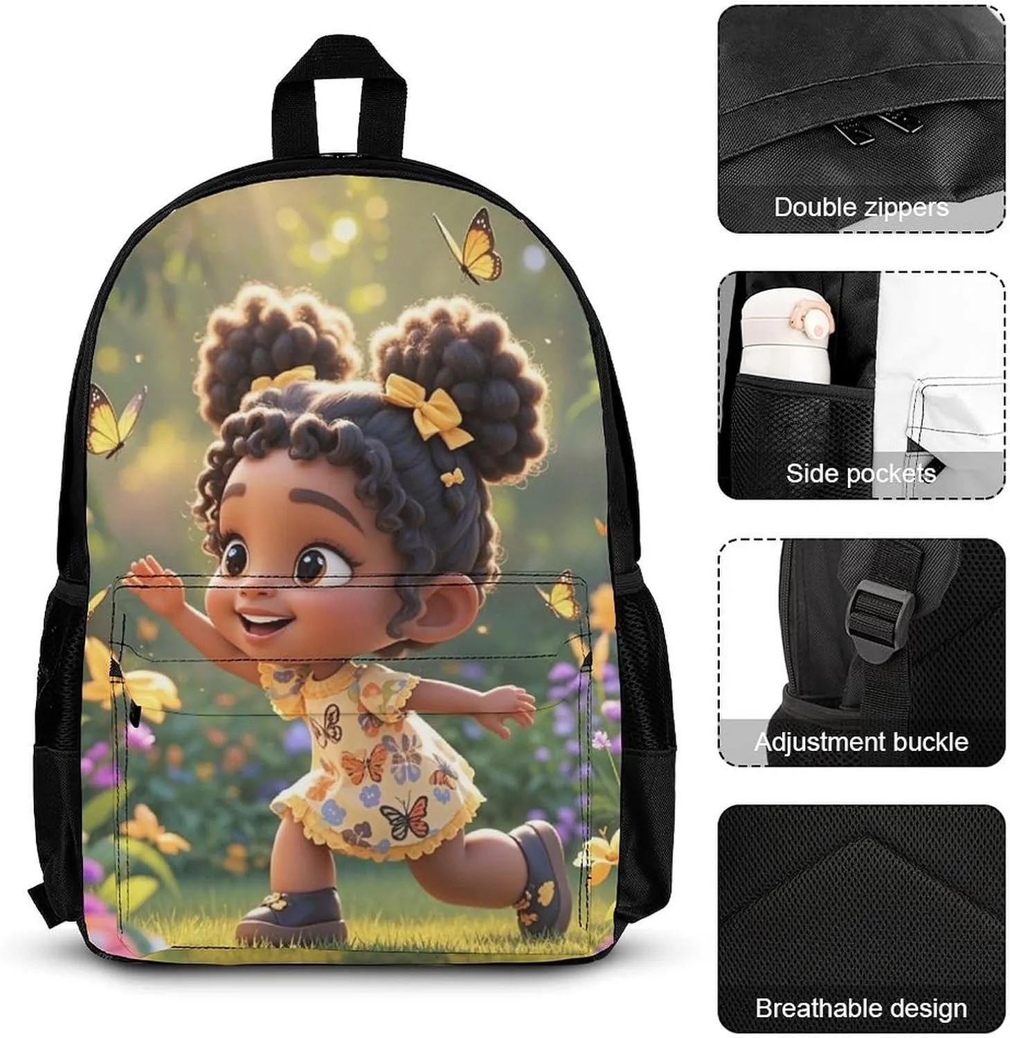 Supdreamc Travel Hiking Bag & Day Pack Gym Outdoor Hiking Bag Big Capacity Backpack Colorful Afro American Black Woman With Butterflies Art 3 Piece College Daypack for Adults