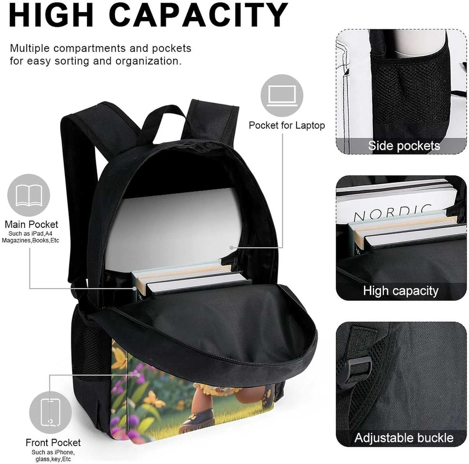 Supdreamc Travel Hiking Bag & Day Pack Gym Outdoor Hiking Bag Big Capacity Backpack Colorful Afro American Black Woman With Butterflies Art 3 Piece College Daypack for Adults