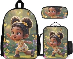 Supdreamc Travel Hiking Bag & Day Pack Gym Outdoor Hiking Bag Big Capacity Backpack Colorful Afro American Black Woman With Butterflies Art 3 Piece College Daypack for Adults