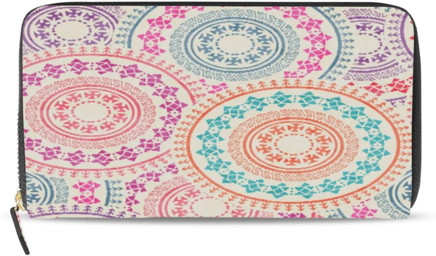 susiyo Colorful Archaic Geometric Womens Wallet， Wallet for Women Long Wallet PU Leather Zip Around Phone Clutch Handbag Card Holder Purse Girls Men