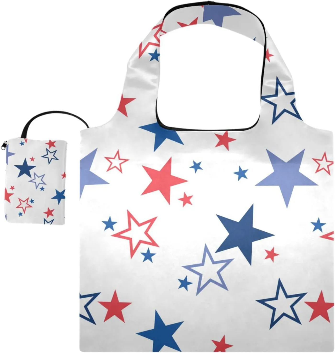 susiyo Colorful Red Blue White Stars Foldable Reusable Grocery Shopping Tote Bag Heavy Duty Eco-friendly Travel Recycle Shoulder Bag Folding to fits in Pocket for Women Men