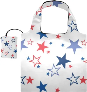 susiyo Colorful Red Blue White Stars Foldable Reusable Grocery Shopping Tote Bag Heavy Duty Eco-friendly Travel Recycle Shoulder Bag Folding to fits in Pocket for Women Men