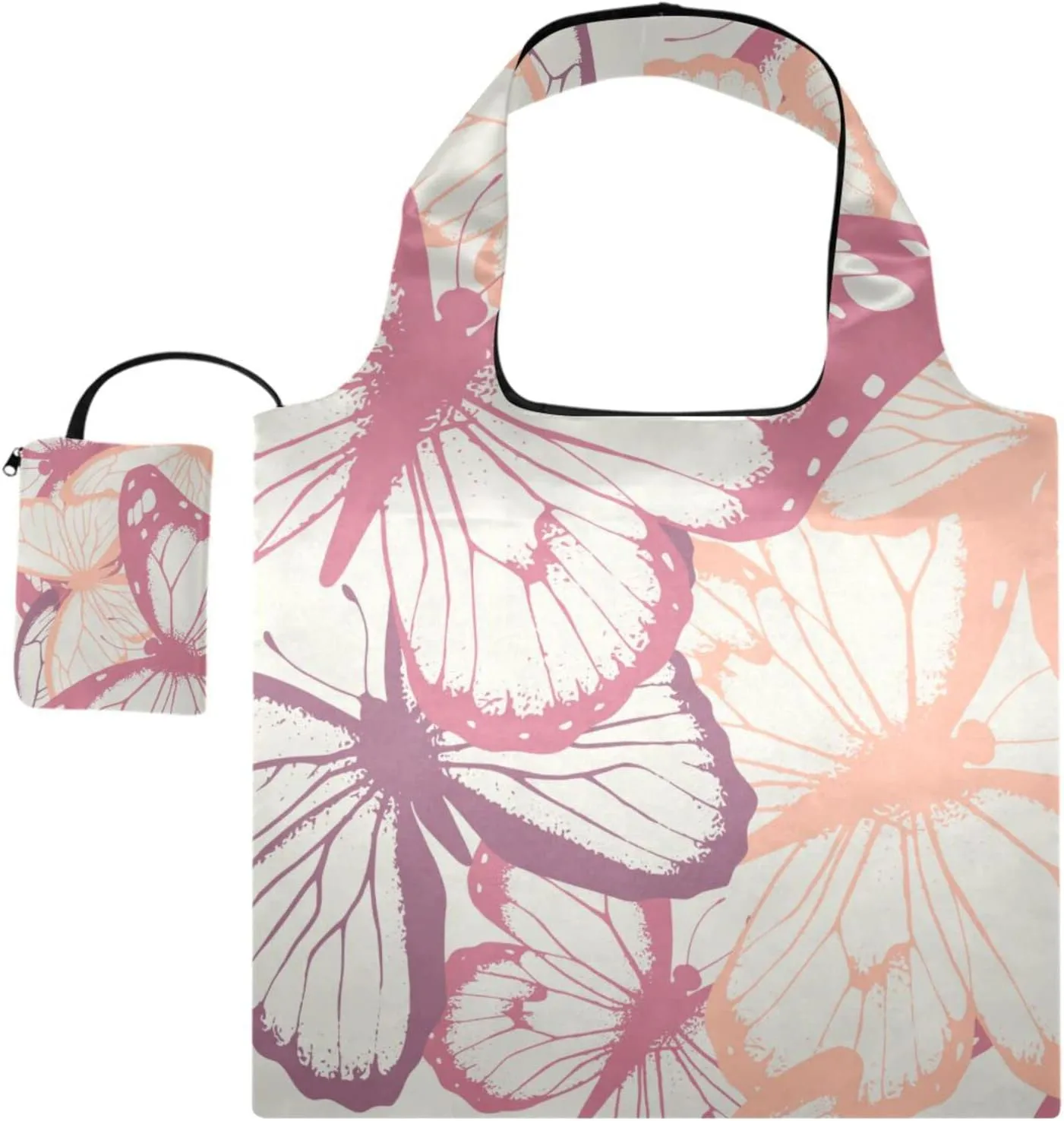 susiyo Hand-drawn Butterflies Foldable Reusable Grocery Shopping Tote Bag Heavy Duty Eco-friendly Travel Recycle Shoulder Bag Folding to fits in Pocket for Women Men