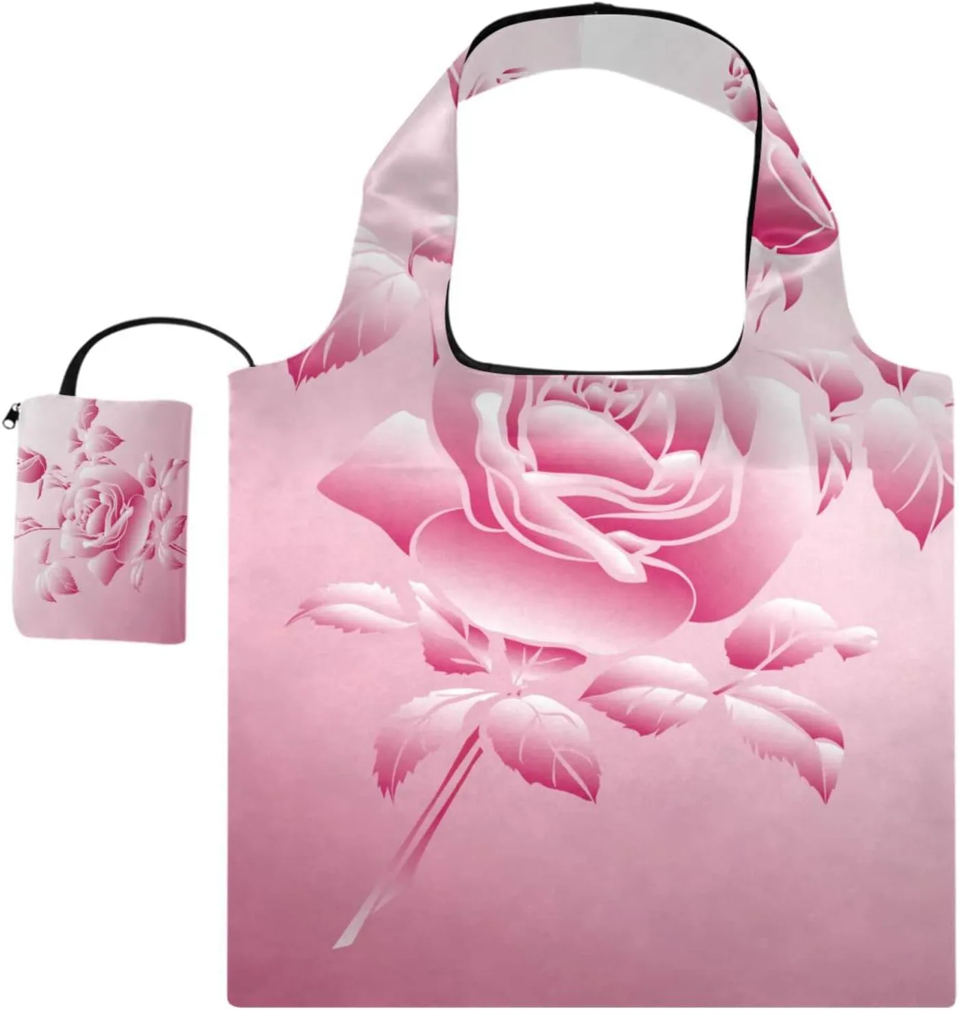 susiyo Pink Rose Foldable Reusable Grocery Shopping Tote Bag Heavy Duty Eco-friendly Travel Recycle Shoulder Bag Folding to fits in Pocket for Women Men