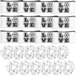 Sweetude 24 Pcs Soccer Gifts 12 Makeup Bag 12 Satin Scrunchies for Girls Portable Cosmetic Travel Bag Elastic Hair Ties Soccer Favors for Women Girls Team Players(White)