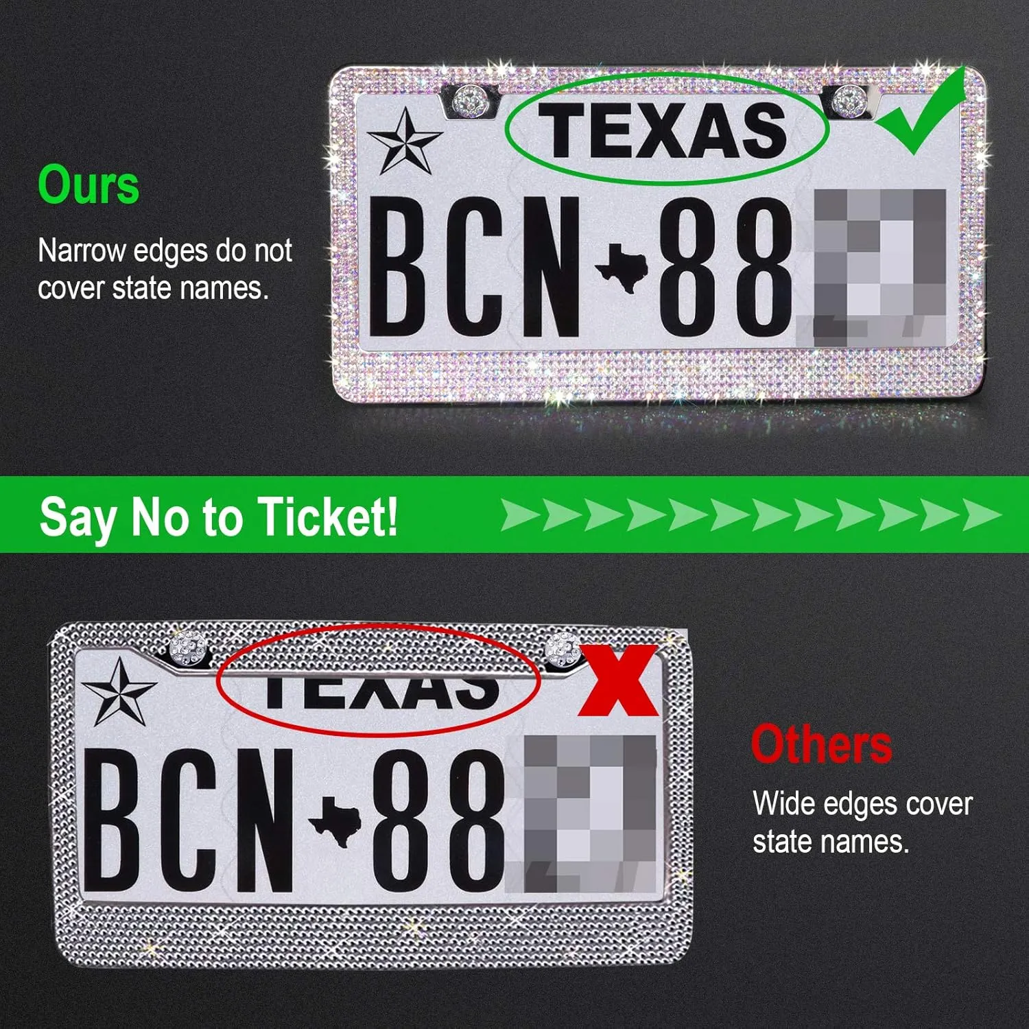 Tchipie 2 Pack Bling Rhinestone License Plate Frames for Women Girl, Bedazzled Sparkly Cute Diamond Car License Plate Frame, Glitter Crystal Tag Caps with Wonderful Box, Stainless Steel Holder, White