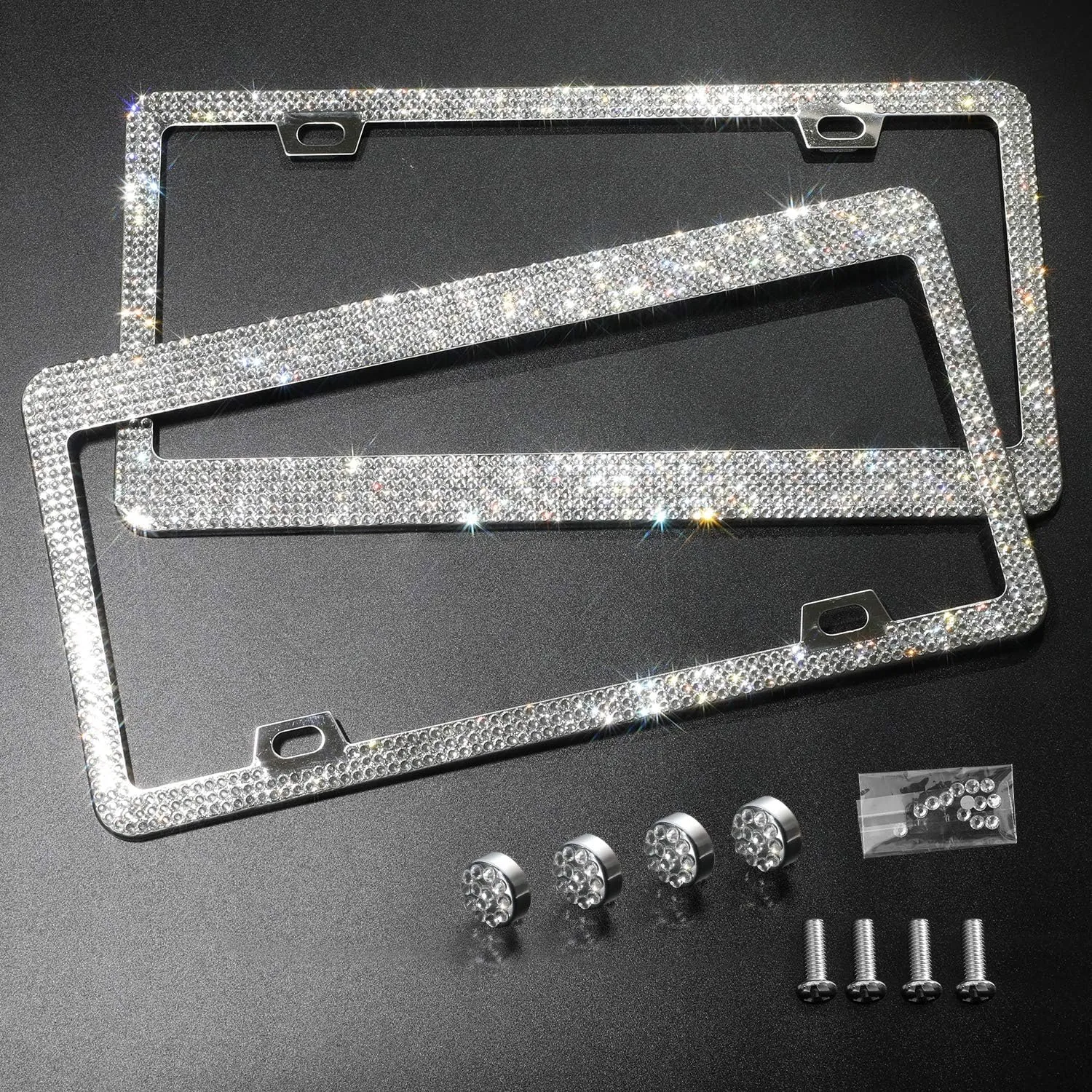 Tchipie 2 Pack Bling Rhinestone License Plate Frames for Women Girl, Bedazzled Sparkly Cute Diamond Car License Plate Frame, Glitter Crystal Tag Caps with Wonderful Box, Stainless Steel Holder, White