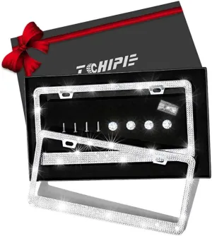 Tchipie 2 Pack Bling Rhinestone License Plate Frames for Women Girl, Bedazzled Sparkly Cute Diamond Car License Plate Frame, Glitter Crystal Tag Caps with Wonderful Box, Stainless Steel Holder, White