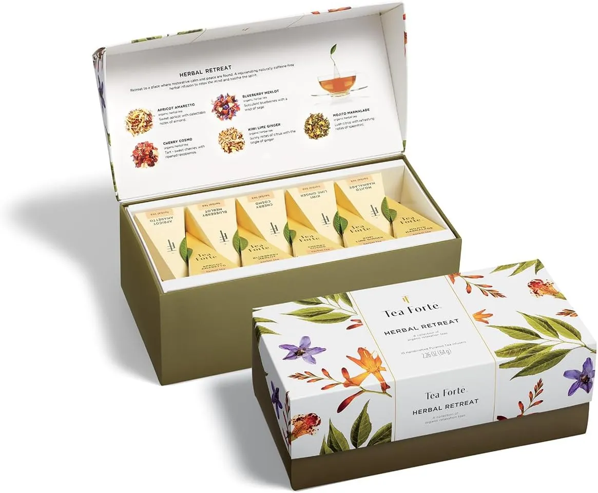 Tea Forte Herbal Retreat Premium Tea Presentation Box Tea Gift Sampler, 20 Count, 2 of Each Variety Individually Wrapped Handcrafted Pyramid Infuser Bags