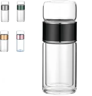 Tea Infuser Bottle Tea and water separation， Double-layer glass leak-proof water bottle with stainless steel filter，Travel office home with gift (Black, 280ml)