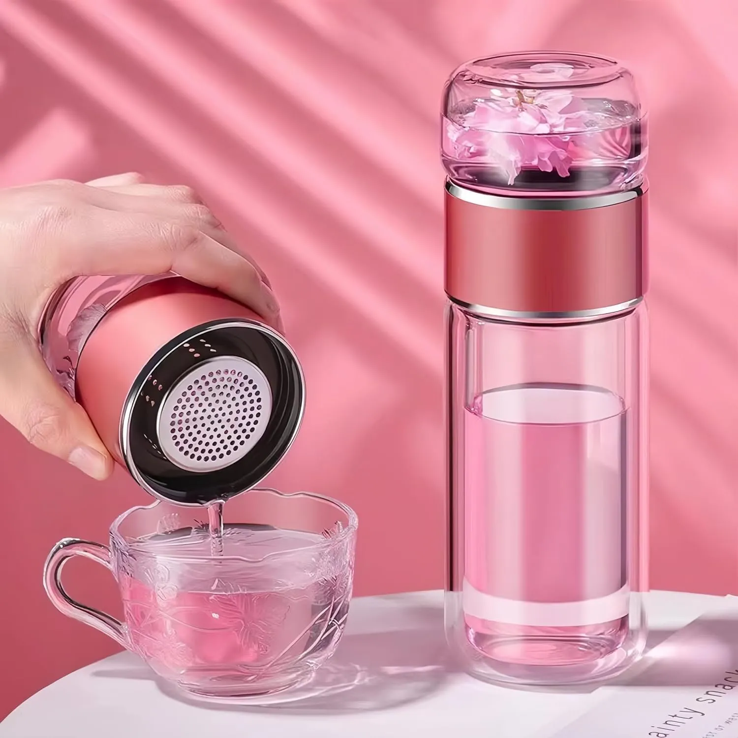 Tea Infuser Bottle Tea and water separation， Double-layer glass leak-proof water bottle with stainless steel filter，Travel office home with gift (Black, 280ml)