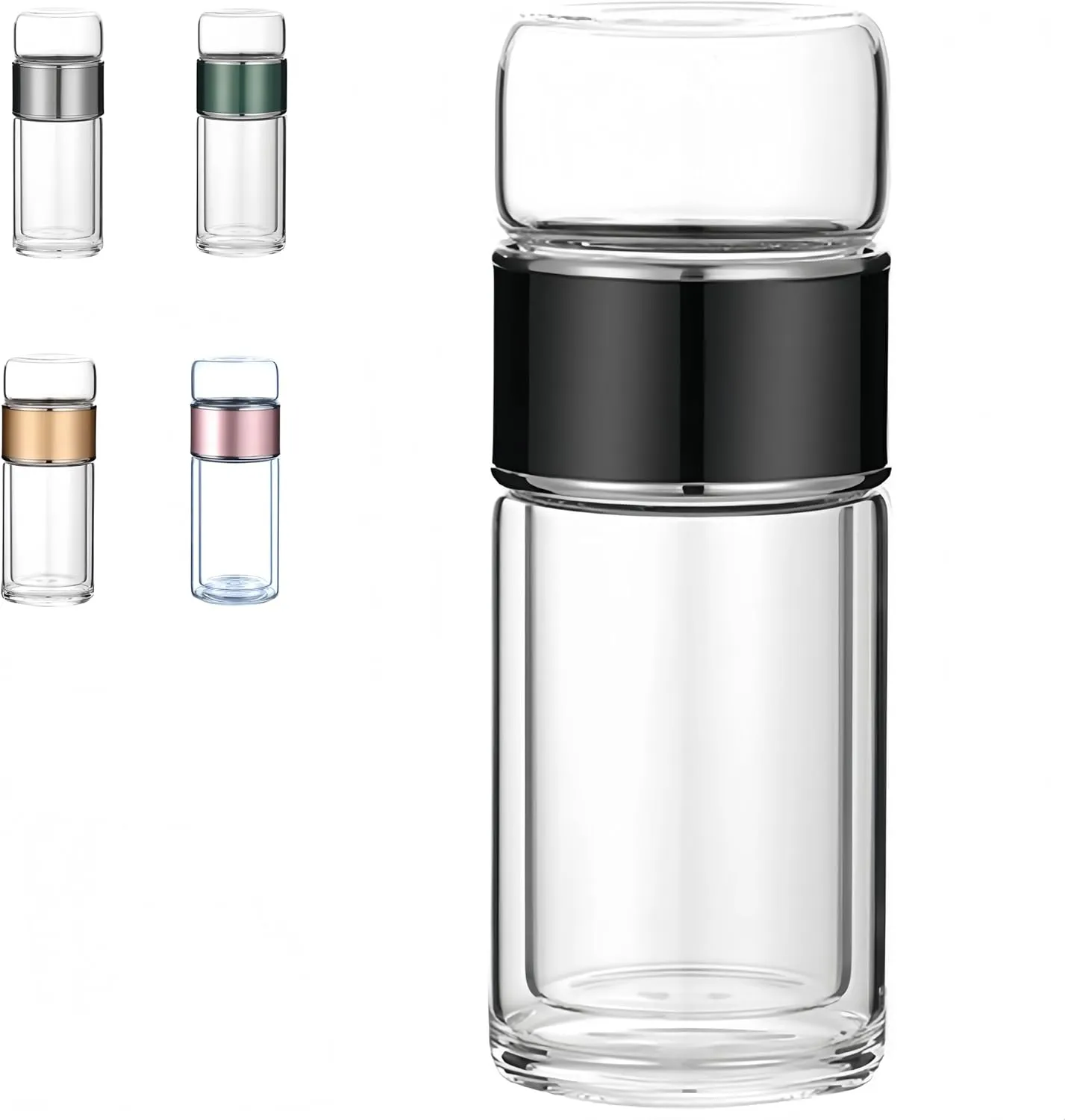 Tea Infuser Bottle Tea and water separation， Double-layer glass leak-proof water bottle with stainless steel filter，Travel office home with gift (Black, 280ml)