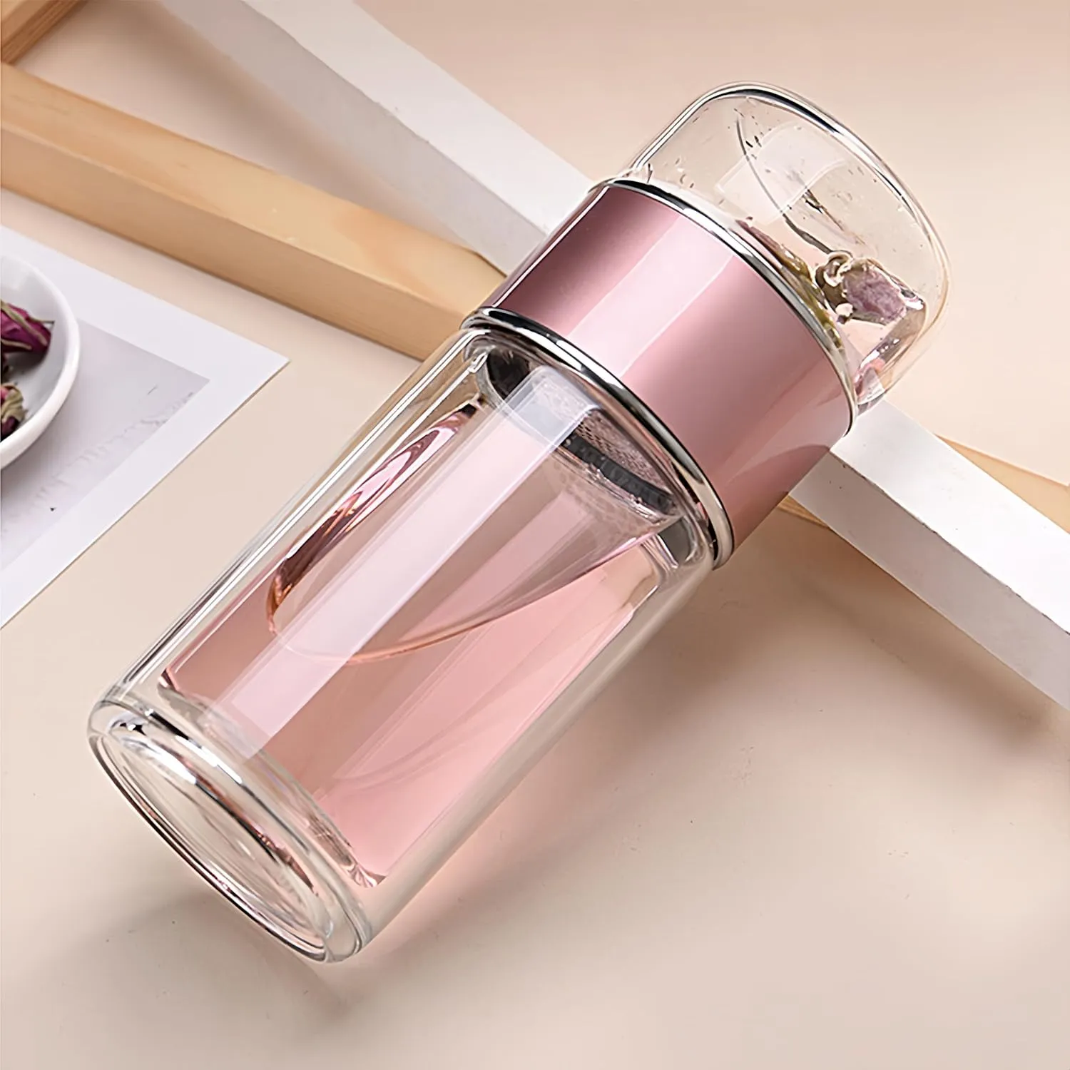 Tea Infuser Bottle Tea and water separation， Double-layer glass leak-proof water bottle with stainless steel filter，Travel office home with gift (Black, 280ml)