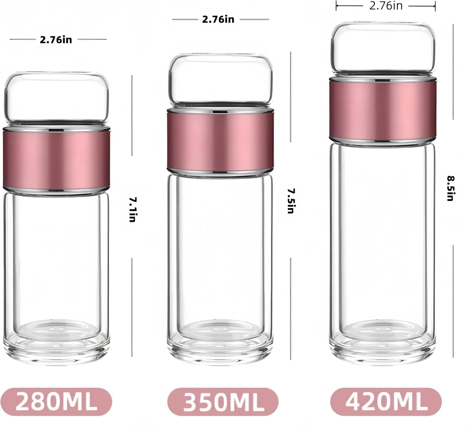 Tea Infuser Bottle Tea and water separation， Double-layer glass leak-proof water bottle with stainless steel filter，Travel office home with gift (Black, 280ml)