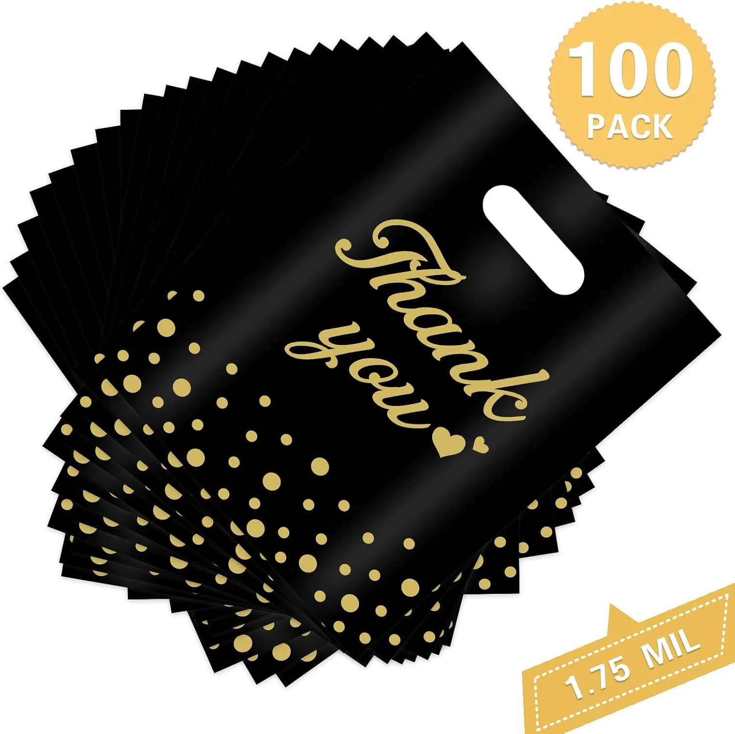 Thank You Bags for Business Small Shopping Bags 100 Pack, 9" x 12" Plastic Merchandise Gifts Bag for Packaging Products, Retail Boutique for Wholesale Clothes Stores, Polka Dot, Black