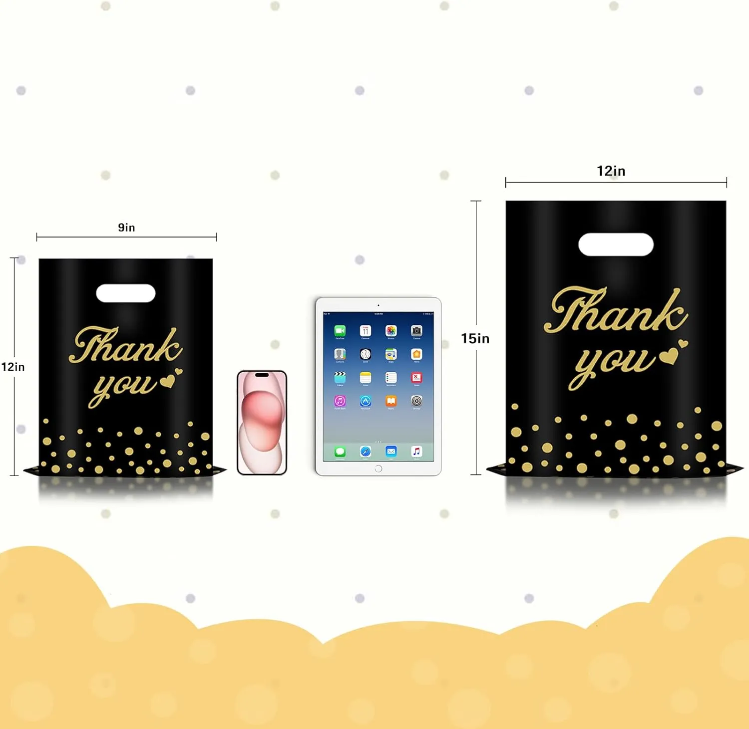 Thank You Bags for Business Small Shopping Bags 100 Pack, 9" x 12" Plastic Merchandise Gifts Bag for Packaging Products, Retail Boutique for Wholesale Clothes Stores, Polka Dot, Black