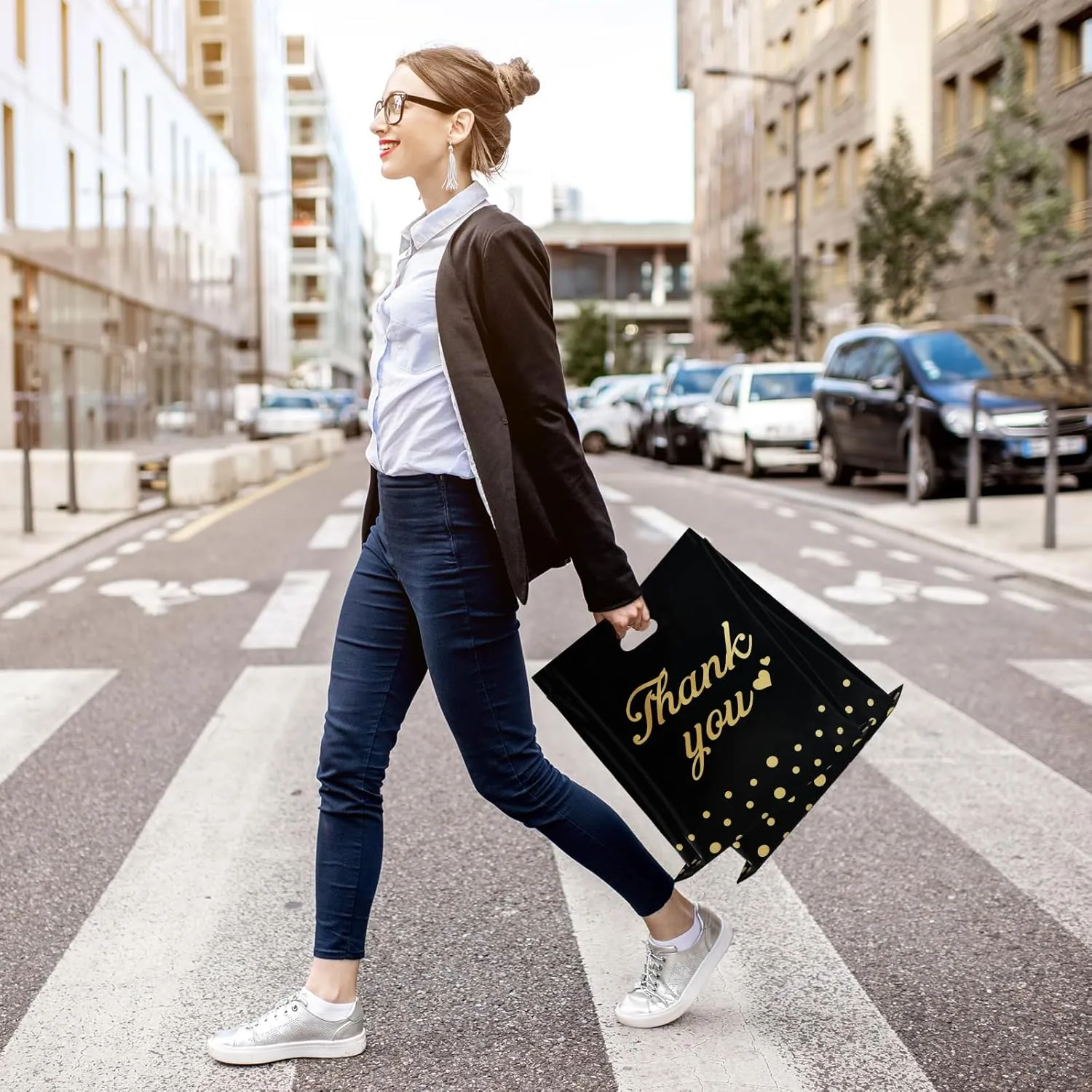 Thank You Bags for Business Small Shopping Bags 100 Pack, 9" x 12" Plastic Merchandise Gifts Bag for Packaging Products, Retail Boutique for Wholesale Clothes Stores, Polka Dot, Black