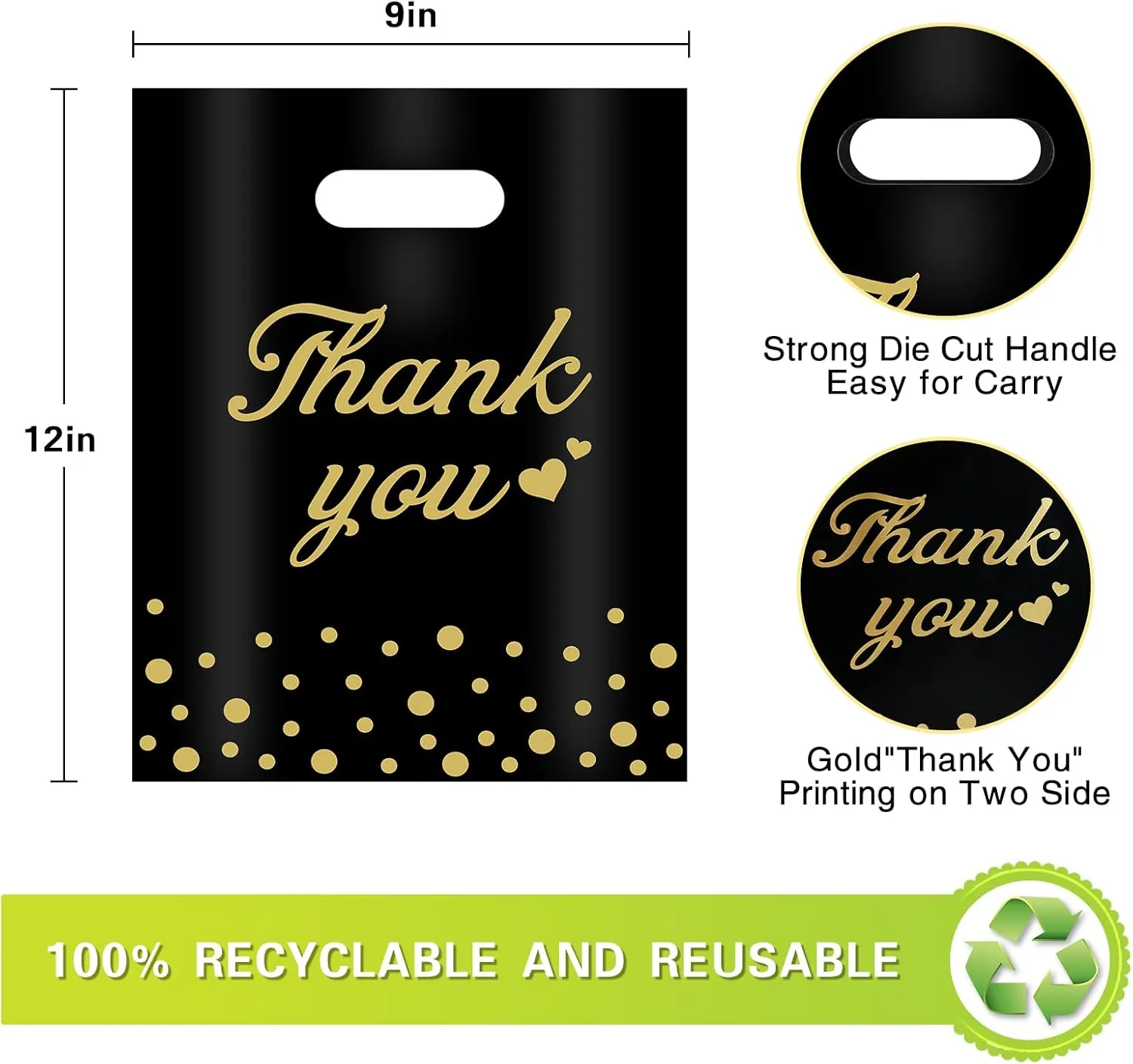 Thank You Bags for Business Small Shopping Bags 100 Pack, 9" x 12" Plastic Merchandise Gifts Bag for Packaging Products, Retail Boutique for Wholesale Clothes Stores, Polka Dot, Black