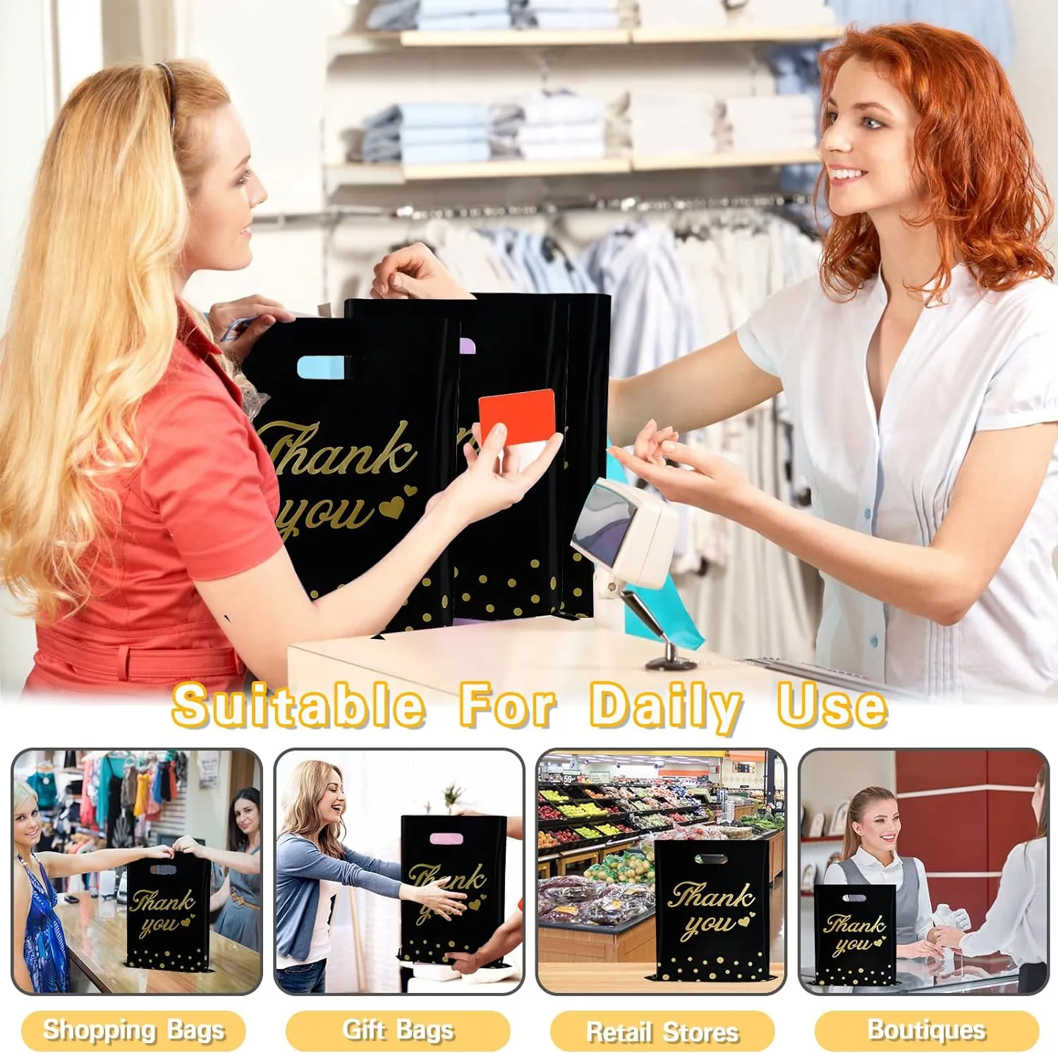 Thank You Bags for Business Small Shopping Bags 100 Pack, 9" x 12" Plastic Merchandise Gifts Bag for Packaging Products, Retail Boutique for Wholesale Clothes Stores, Polka Dot, Black