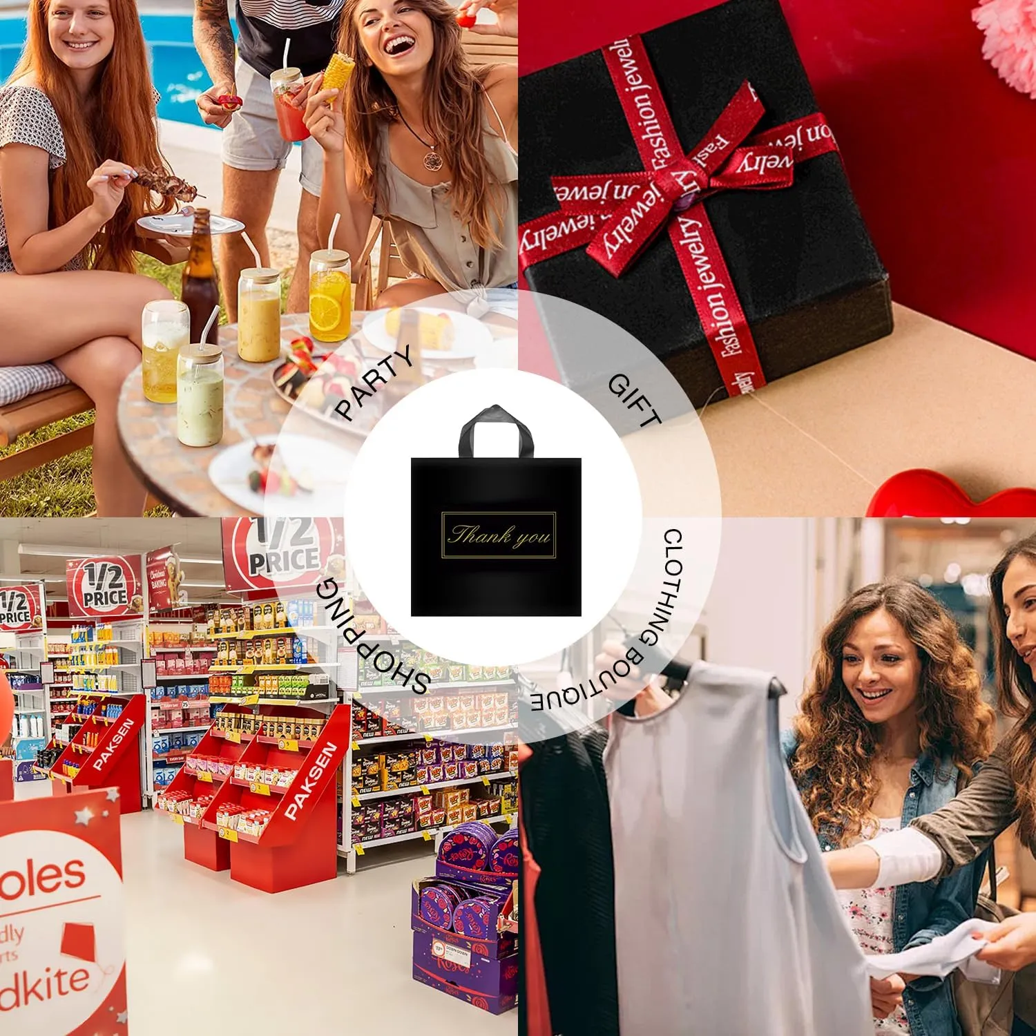Thank You Bags for Small Business, Shopping Bags with Handle,Black Plastic Bags, White