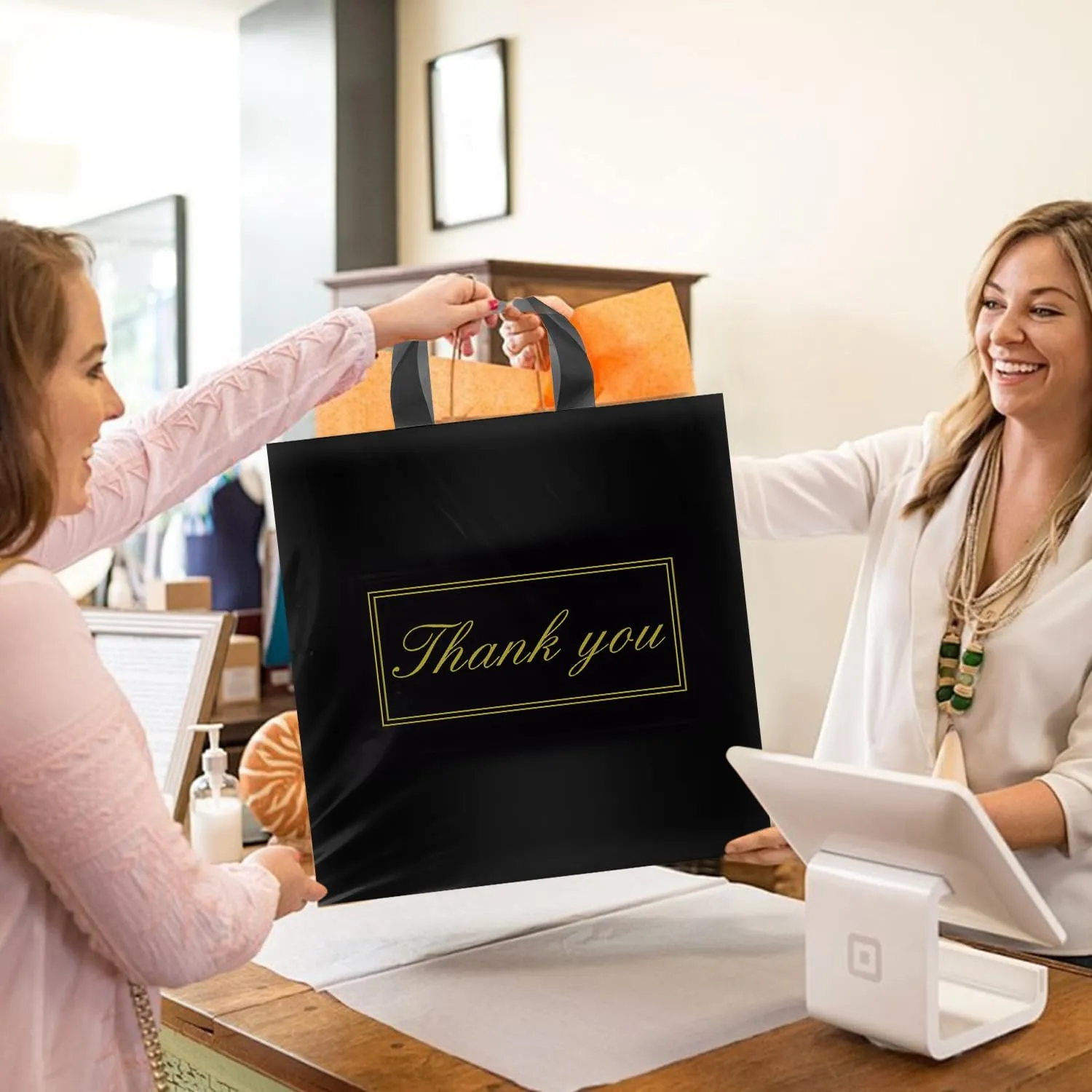 Thank You Bags for Small Business, Shopping Bags with Handle,Black Plastic Bags, White
