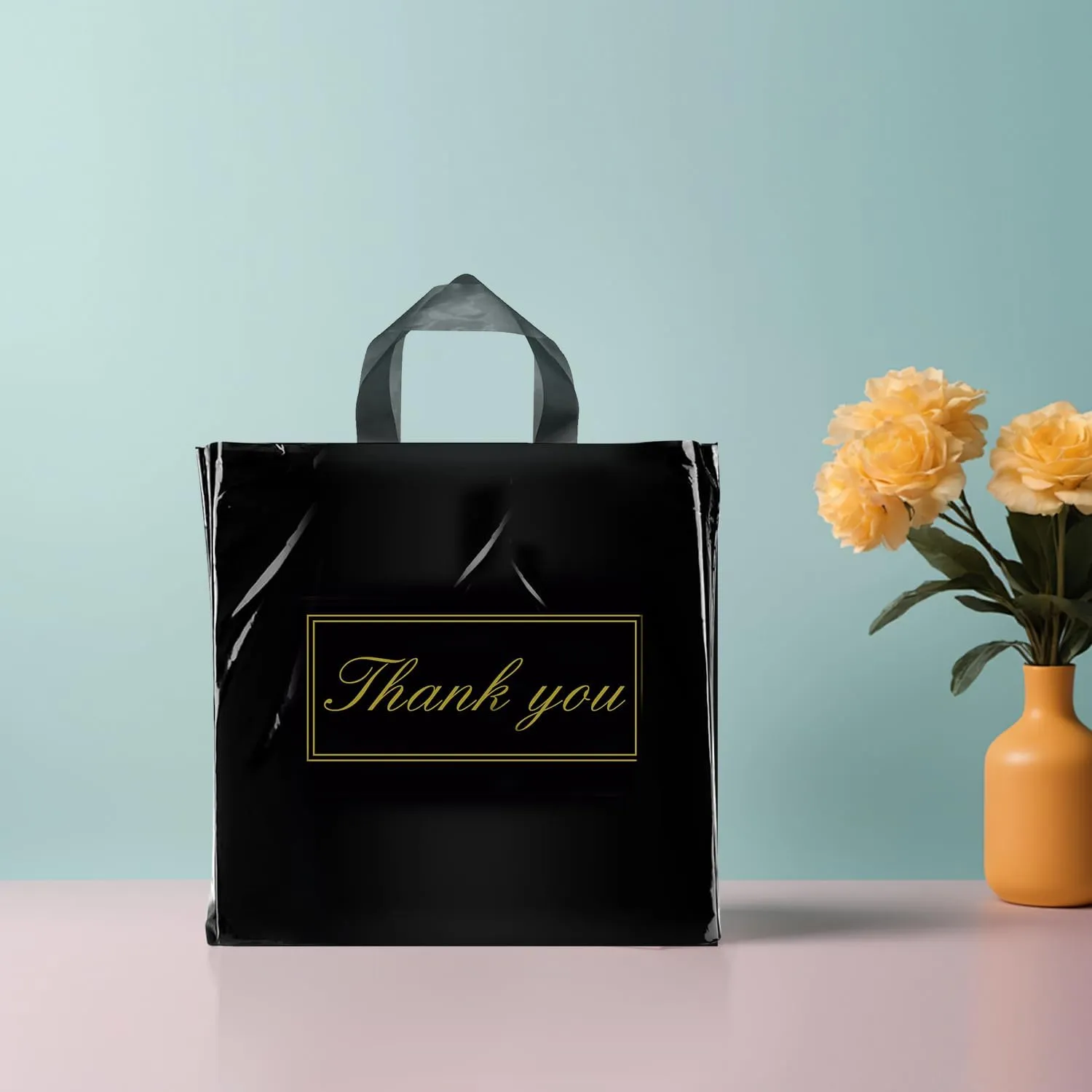 Thank You Bags for Small Business, Shopping Bags with Handle,Black Plastic Bags, White