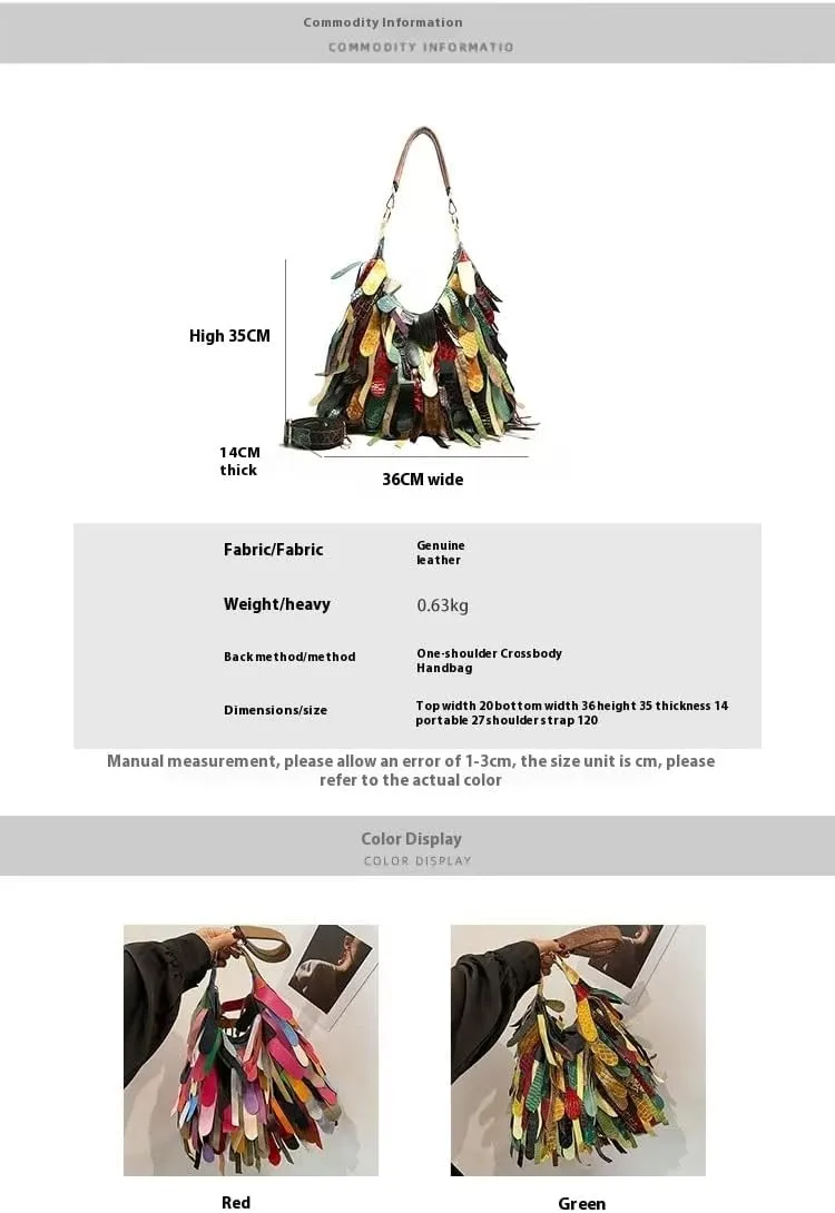The handbag, multi-colored patchwork design, can reach up to 14 inches on one shoulder/hand/slant