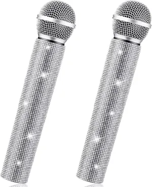 Threan 2 Pcs Fake Microphone Prop Sparkly Glitter Rhinestone Bedazzled Pretend Plastic Play Microphone Toy Mic for Cosplay Party Costume(Silver)