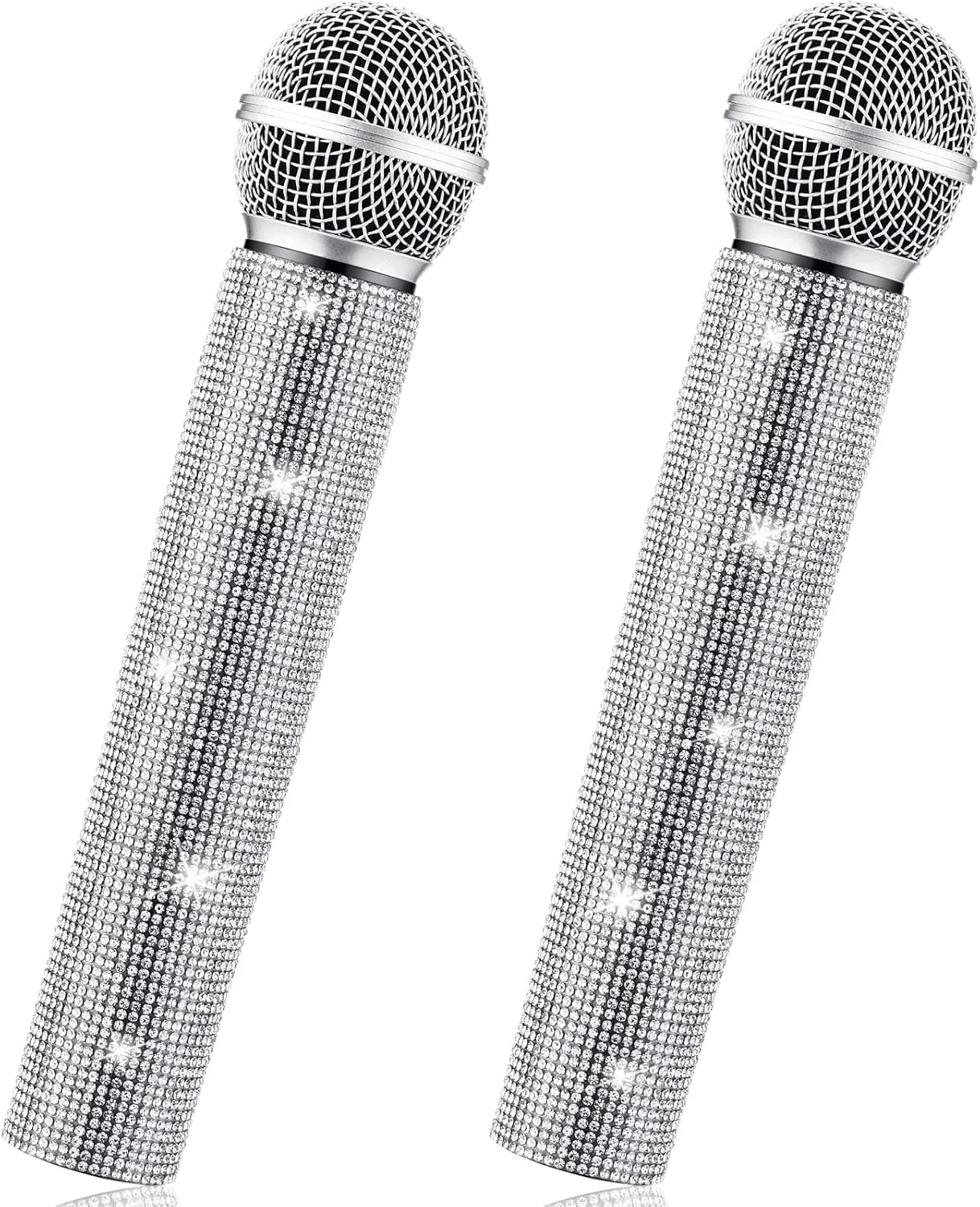 Threan 2 Pcs Fake Microphone Prop Sparkly Glitter Rhinestone Bedazzled Pretend Plastic Play Microphone Toy Mic for Cosplay Party Costume(Silver)