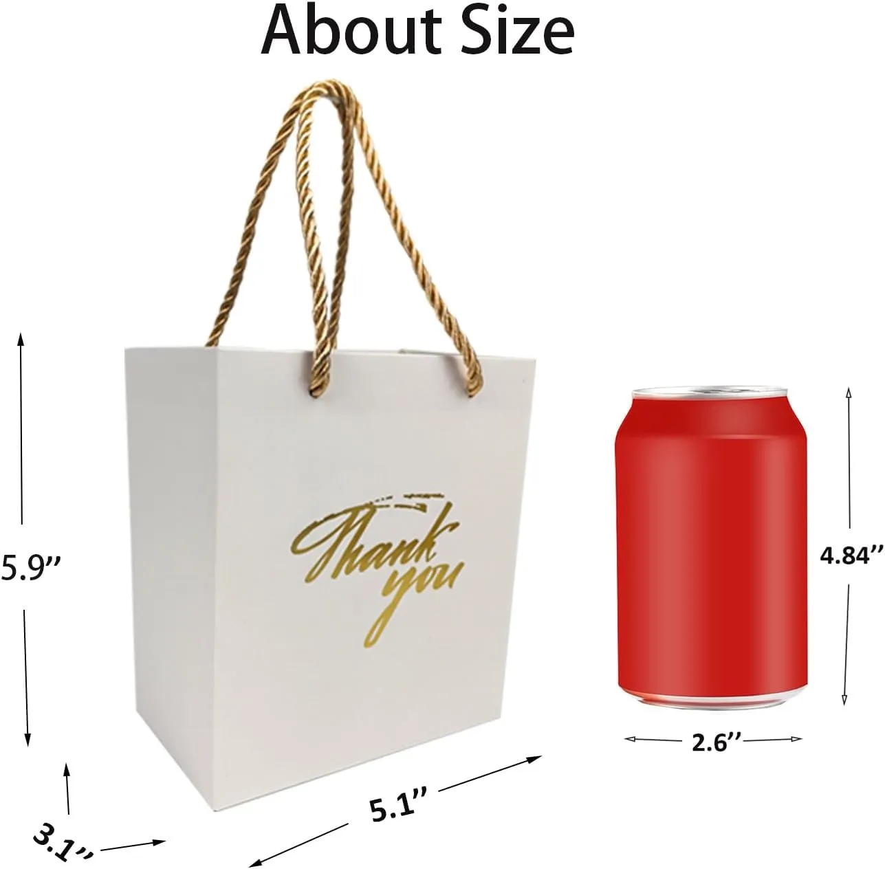 TKSBAG 50 PCS Small Thank You Bags,5.9 * 5.1 * 3.1 Inch Mini White Gold Gift Bags with Handles for Baby Shower, Bridal Shower, Wedding, Party Favors