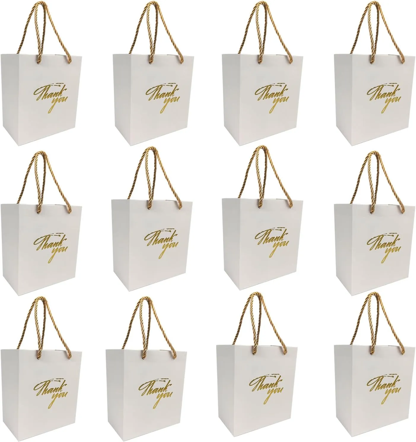 TKSBAG 50 PCS Small Thank You Bags,5.9 * 5.1 * 3.1 Inch Mini White Gold Gift Bags with Handles for Baby Shower, Bridal Shower, Wedding, Party Favors