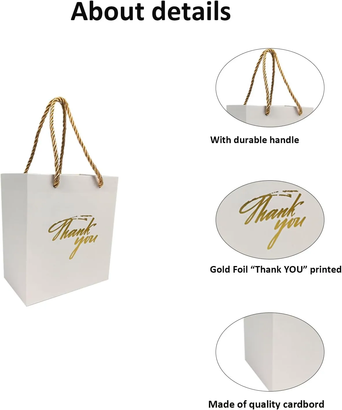 TKSBAG 50 PCS Small Thank You Bags,5.9 * 5.1 * 3.1 Inch Mini White Gold Gift Bags with Handles for Baby Shower, Bridal Shower, Wedding, Party Favors