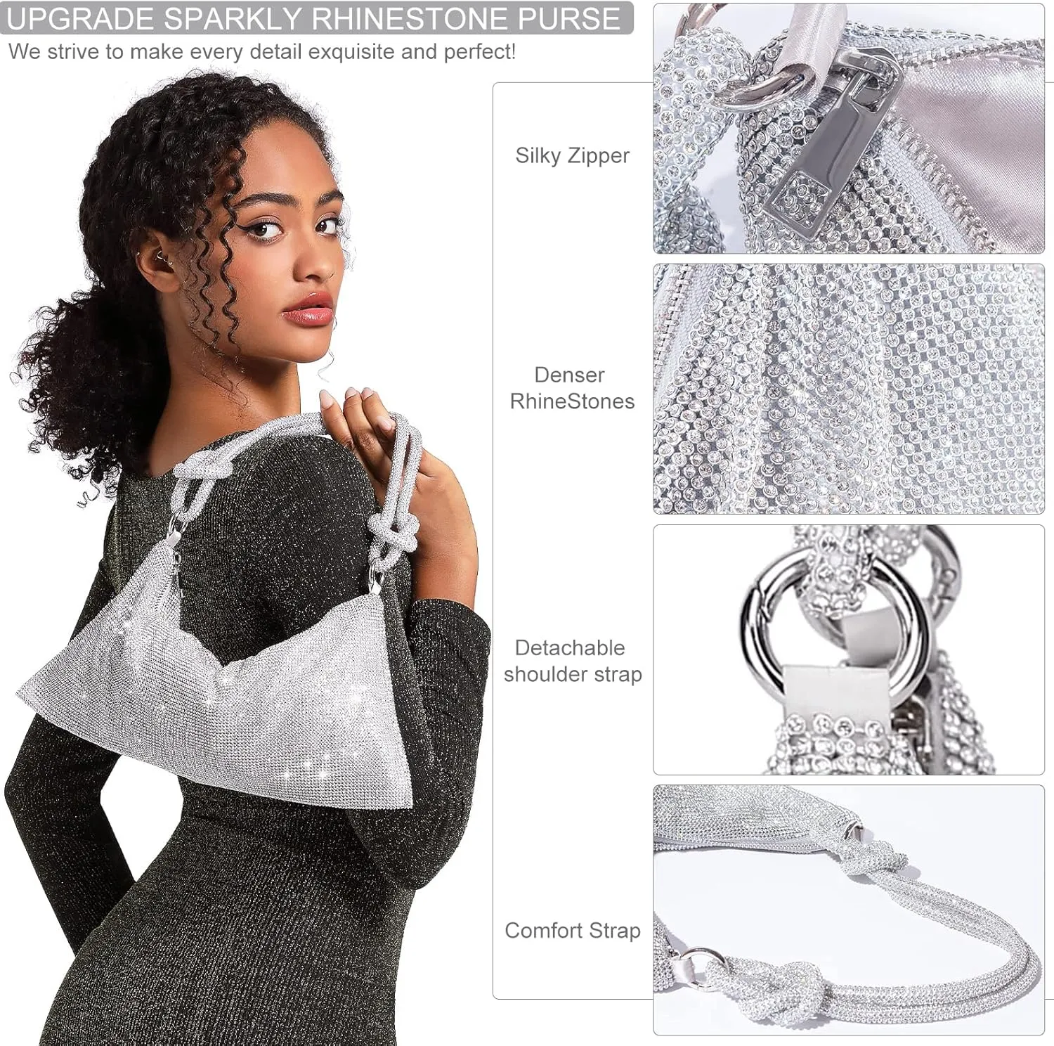 TOPALL Rhinestone Purse Sparkly Bag Silver Diamond Purses for Women Upgrade Evening Prom Rhinestone Handbag Hobo Bag
