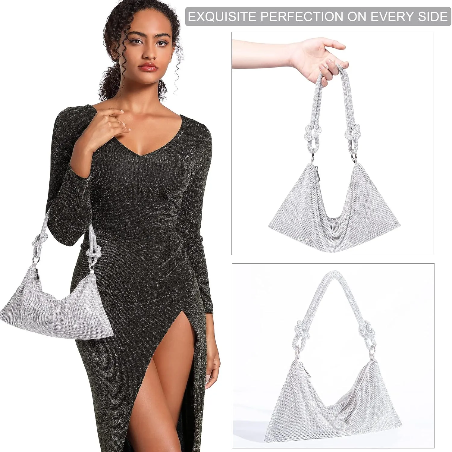 TOPALL Rhinestone Purse Sparkly Bag Silver Diamond Purses for Women Upgrade Evening Prom Rhinestone Handbag Hobo Bag