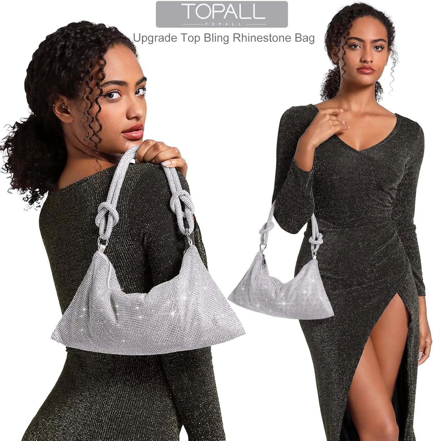 TOPALL Rhinestone Purse Sparkly Bag Silver Diamond Purses for Women Upgrade Evening Prom Rhinestone Handbag Hobo Bag