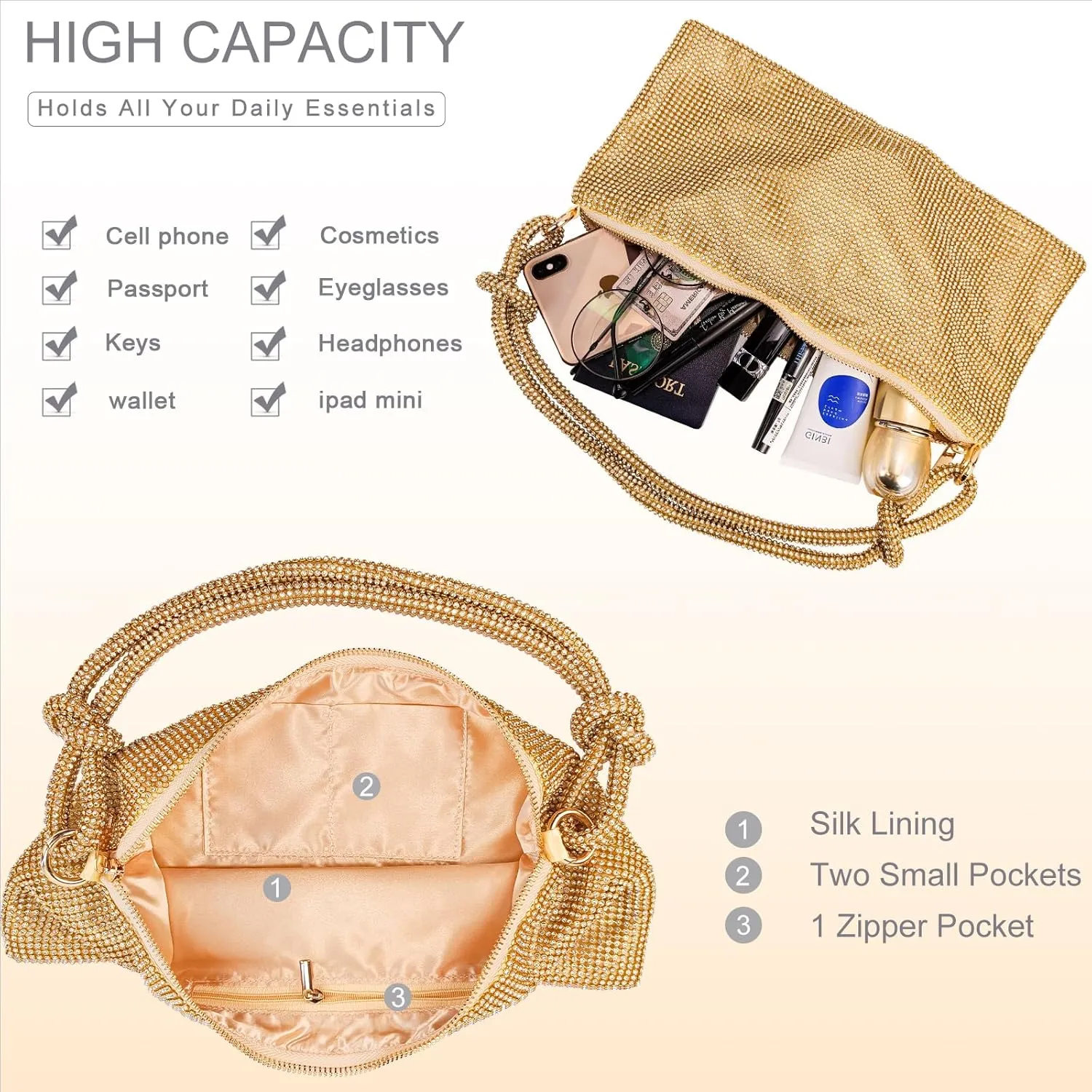 TOPALL Rhinestone Purse Sparkly Bag Silver Diamond Purses for Women Upgrade Evening Prom Rhinestone Handbag Hobo Bag