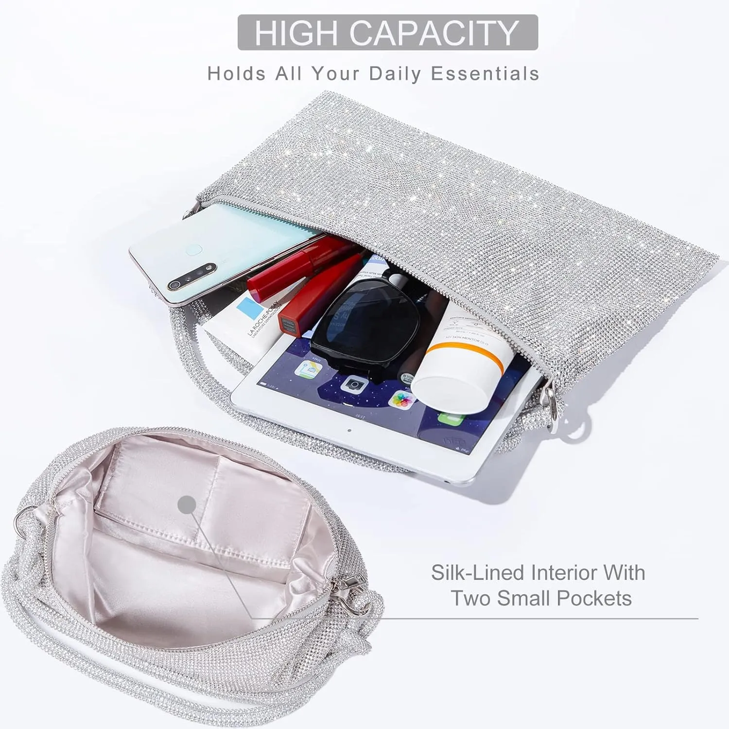 TOPALL Rhinestone Purse Sparkly Bag Silver Diamond Purses for Women Upgrade Evening Prom Rhinestone Handbag Hobo Bag